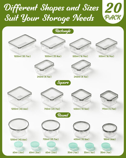 40 Piece Food Storage Containers with Lids(20 Containers & 20 Lids), BPA-Free Plastic Food Containers for Kitchen Storage and Organization, Leak Proof Meal Prep Container, Includes Labels & Pen