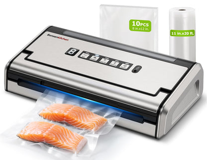 Bonsenkitchen Vacuum Sealer for Food, One-Hand Operation Food Vacuum Sealer Machine with Digital Timer, 0.2-inch wider seal, Built-in Cutter and Bag Storage for Meal Prep, 1 Roll Bag & 10 Pre-Cut Bags