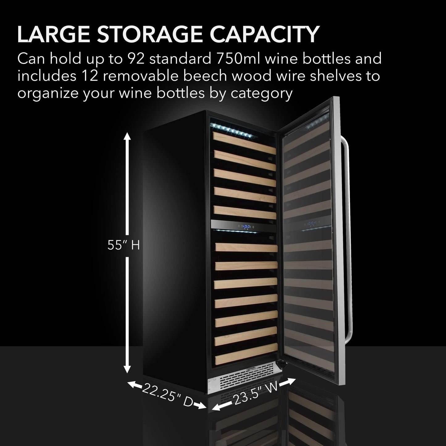 Whynter BWR-0922DZ 92 Built-in or Freestanding Stainless Steel Dual Zone Compressor Large Capacity Wine Refrigerator Rack for Open Bottles and LED Display, Dark Grey