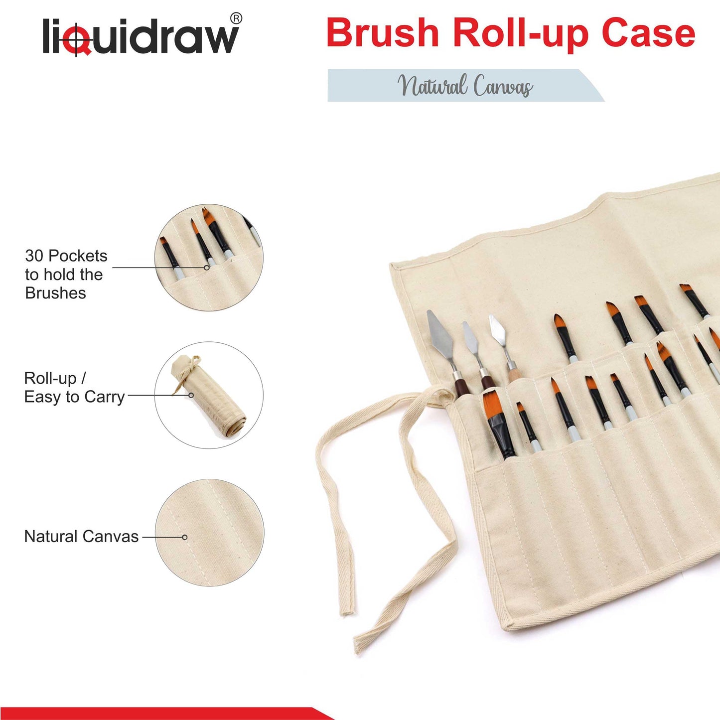 Liquidraw 30 Pocket Canvas Paint Brush Holder - Natural | 21" x 18" | Roll Up Brush Storage Pouch | Ideal Case for Paintbrush & Art Tool Storage | Easy to Carry | Also Great for Storing Makeup Brushes