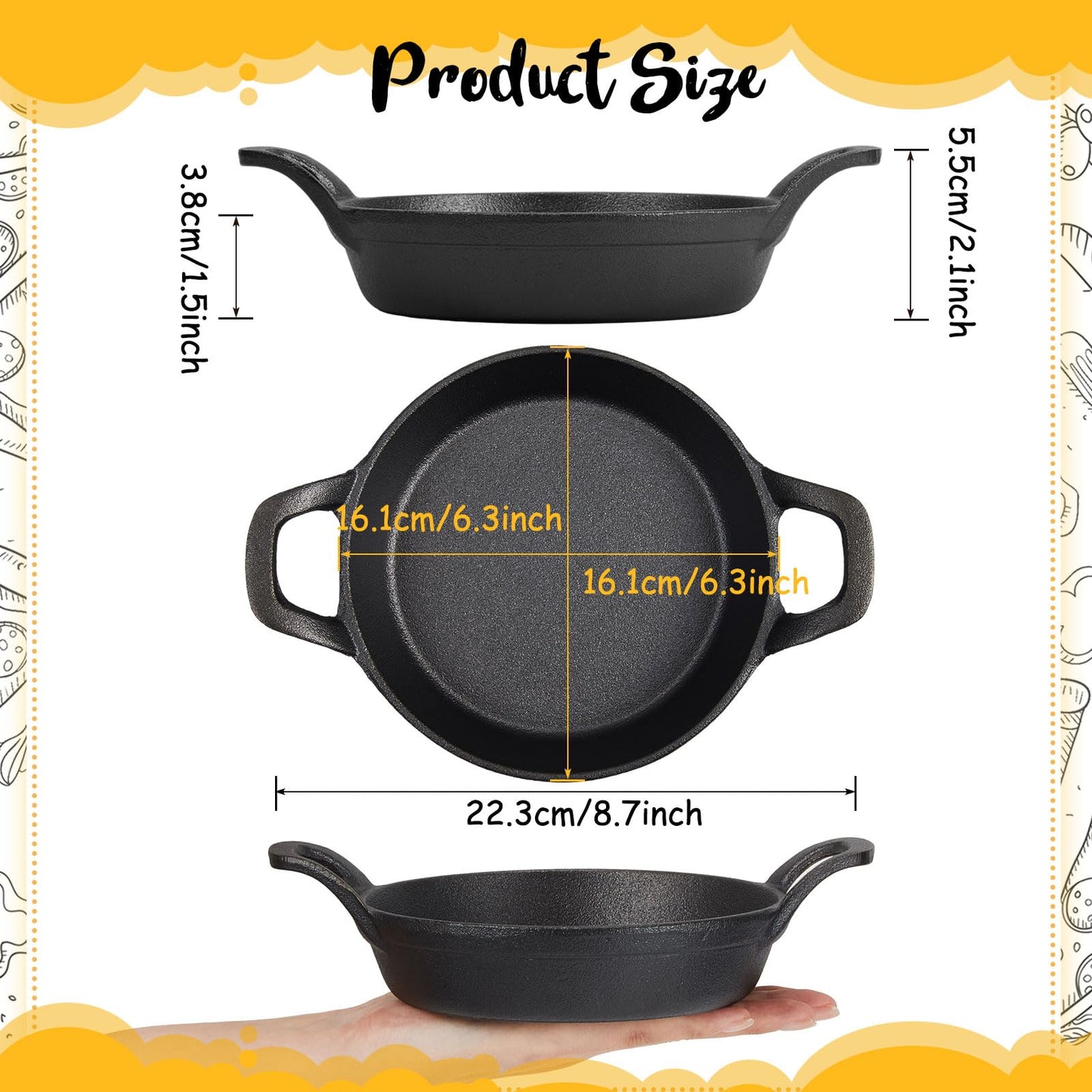 Ziliny Mini Cast Iron Skillets 6.3 x 6.3 x 1.5 Inch Cast Iron Pan Small Ramekin Set Black Casserole Dish Cookware Oven Safe Mini Skillets for Kitchen Indoor Outdoor Picnic (6 Pack)