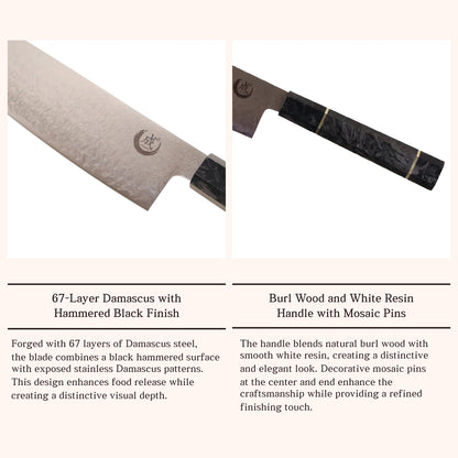 narihajito Carbon Fiber Gyuto Knife 240mm (9.5 inch) – 67 Layer Damascus, Carbon Fiber Resin Octagonal Handle