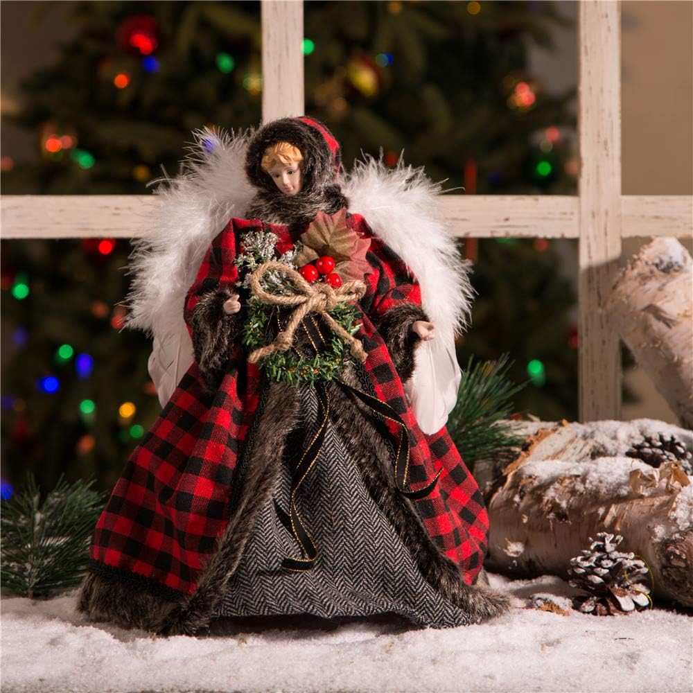 Glitzhome Handmade Plaid Angel Figurine Christmas Treetop Ornament, 12" H, Red & Black