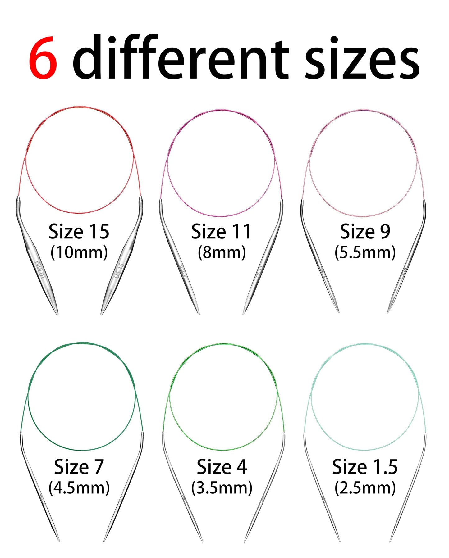 Circular Knitting Needles Set 6 Pairs 40 Inch (100 cm) Stainless Steel Round Needles for Magic Loop Sizes 15 11 9 7 4 1.5 Long Cable for Blankets Sweaters Scarves for Beginners & Knitters
