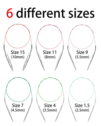 Circular Knitting Needles Set 6 Pairs 40 Inch (100 cm) Stainless Steel Round Needles for Magic Loop Sizes 15 11 9 7 4 1.5 Long Cable for Blankets Sweaters Scarves for Beginners & Knitters