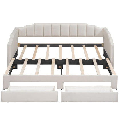 Bellemave Twin XL Size Daybed Frame with Pop up Trundle,Upholstered Day Bed with Two Storage Drawers and LED Light,Twin XL to King Daybed,Beige