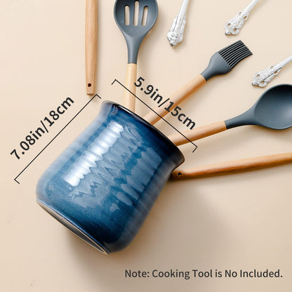 HASENSE Utensil Holder for Kitchen Counter 7.1” Cooking Utensil Crock for Countertop, Blue Ceramic Stable Utensil Organizer Caddy with Reactive Glaze for Spatula and Spoon, Dishwasher Safe