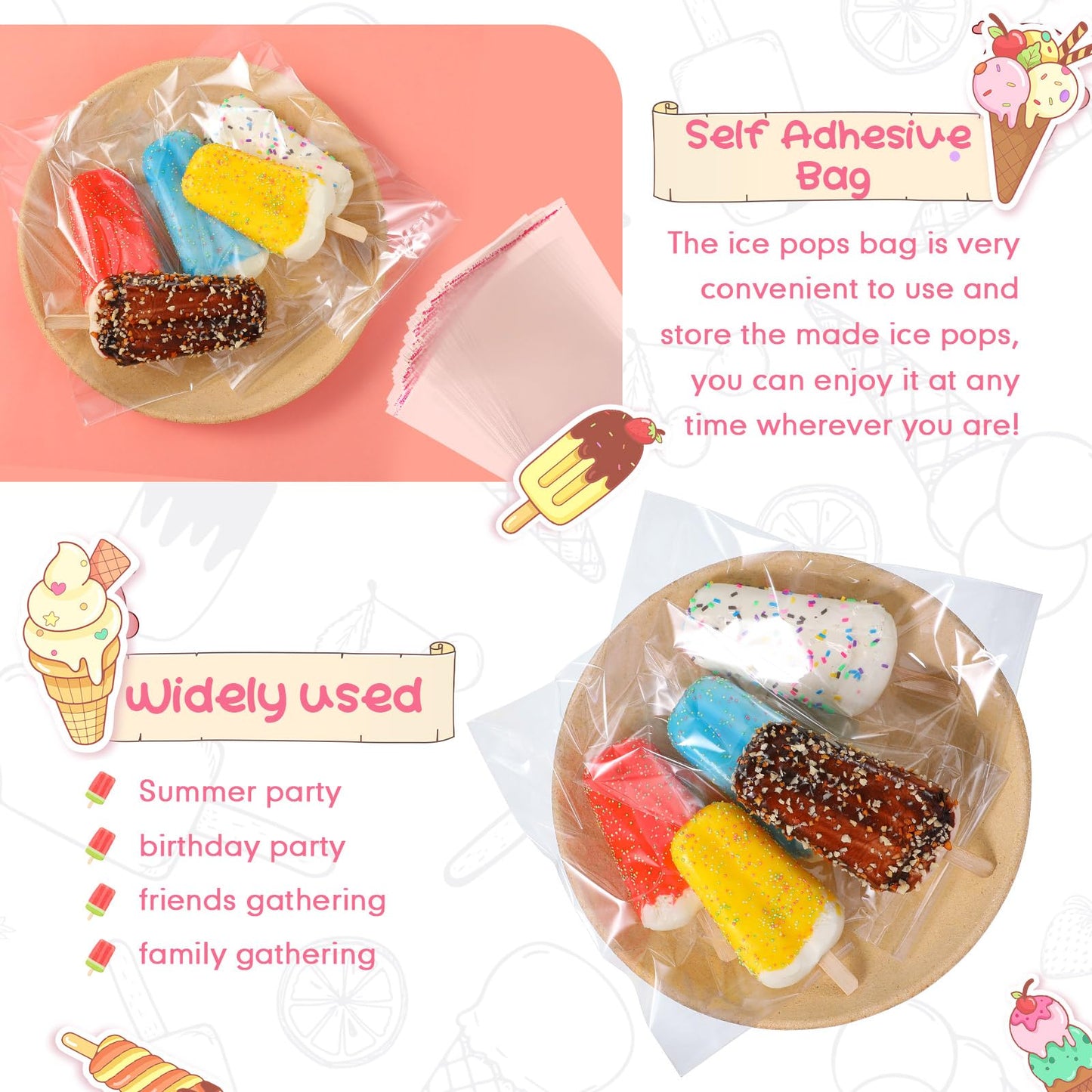 Patelai 500 Pcs Ice Lolly Sticks and Plastic Bags Set, Clear Self-adhesive Plastic Bags and Ice Lolly Sticks for Family Gathering Summer Party, 4.49 Inch, 8.27 x 3.15 Inch