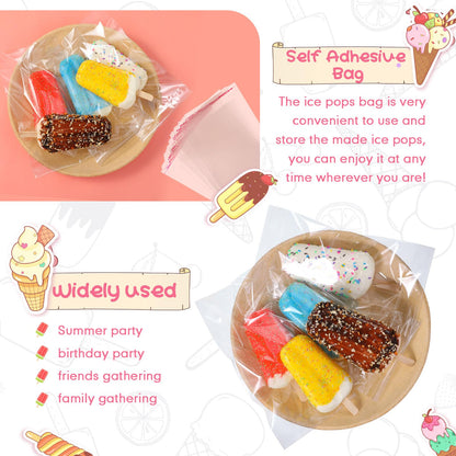 Patelai 500 Pcs Ice Lolly Sticks and Plastic Bags Set, Clear Self-adhesive Plastic Bags and Ice Lolly Sticks for Family Gathering Summer Party, 4.49 Inch, 8.27 x 3.15 Inch