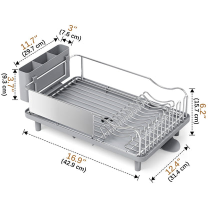 Dish Drying Rack Large Capacity - Stainless Steel Dish Rack for Kitchen Counter with Drain Board, Rustproof Dish Drainer with Auto Drain Spout Utensil Holder Glass Holder, Dinnerware Organizer, Gray