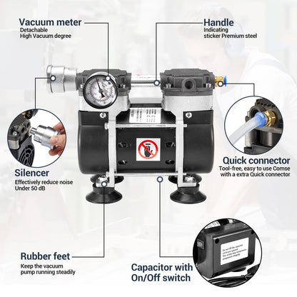 ScitoLAB Vacuum Pump 50 L/Min, Oilless Pump with Upgraded Capacitor, Vacuum Meter, Aluminum Silencer, 4 Quick Connectors, for Lab Electronics Industry
