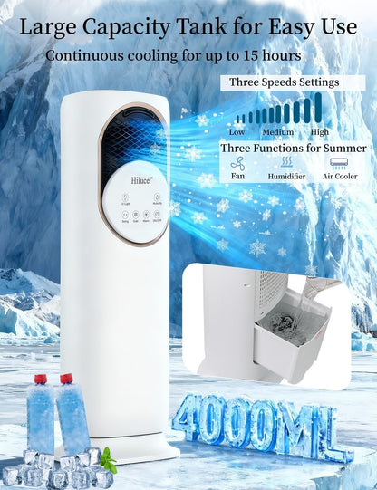 Hiluce 4-IN-1 Evaporative Air Swamp Cooler,Quiet Fan and Heater Combo,28 ft/s Tower Fans that Blow Cold Air,Removable Water Tank,Ice Packs,180°Oscillating,2 Heating & 3 Cooling Speeds,9H Timer