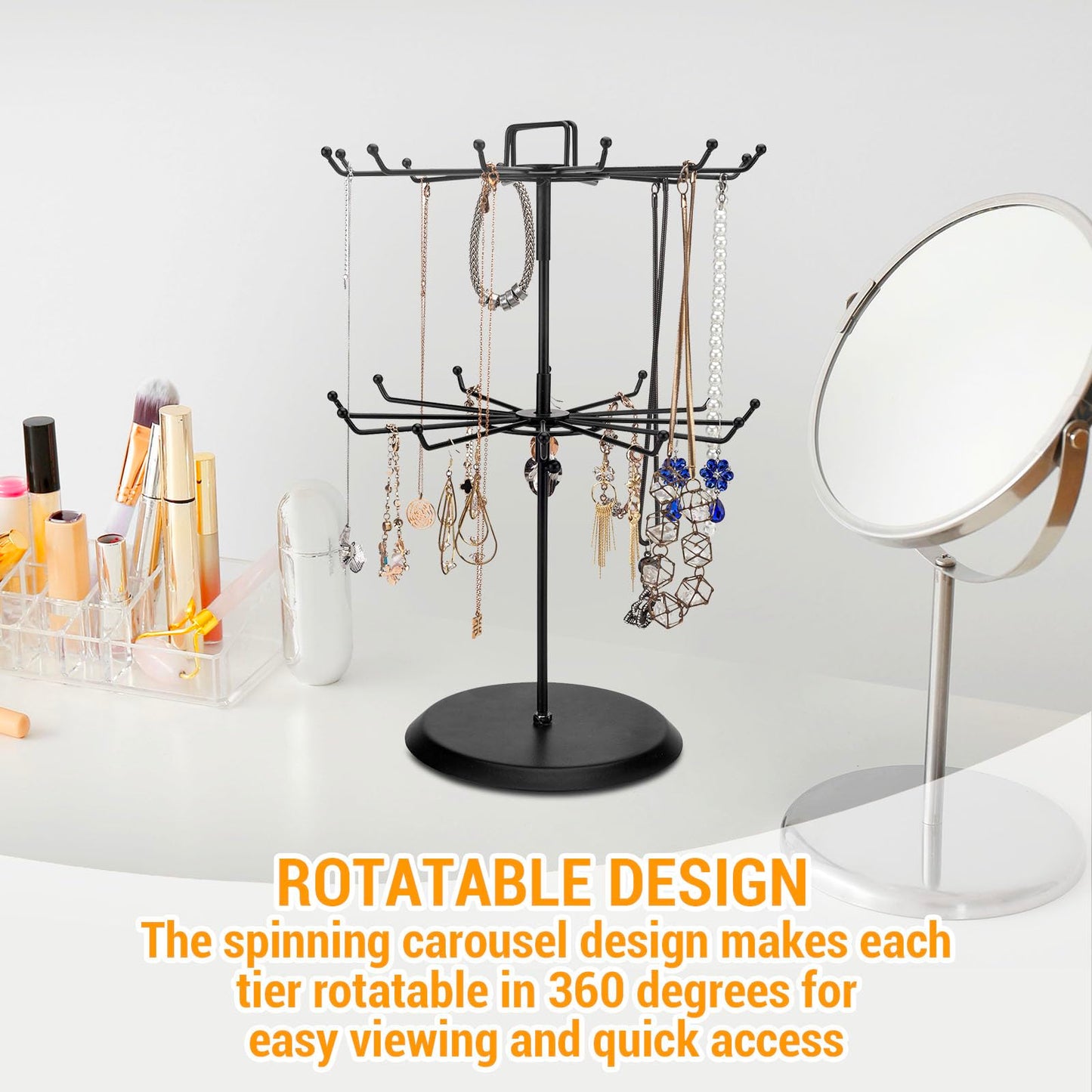 MyGift 2 Tier Black Metal Rotating Necklace tree stand for vendor & bracelet holder Jewelry Stand with 24 Hooks, Multipurpose Accessory and Keychain Spinning Display with Top Handle Card organizer