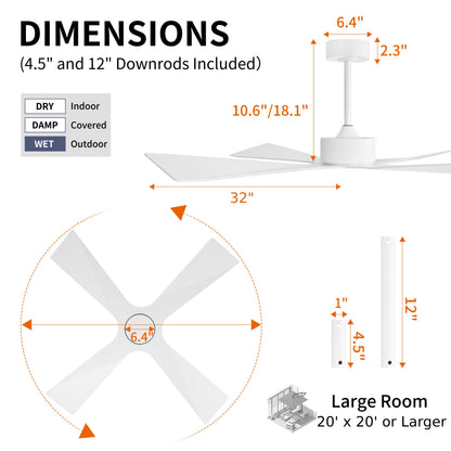 WINGBO 64" Wet Rated Outdoor Ceiling Fan without Lights, 4 ABS Plastic Blades, Reversible DC Motor, 6-Speed Remote Control, Waterproof Ceiling Fan No Lights for Patio Porch Gazebo Garage, White