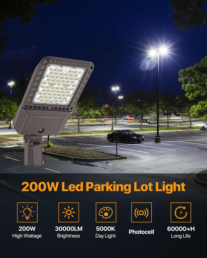 DEMILARE Parking Lot Lights 200W 30,000LM Slip Fitter Led Street Pole Light with Dusk-to-Dawn Photocell 5000K 100-277V IP65 Waterproof Outdoor Commercial Area Lighting for Parking Lot, Roadways 3PACK