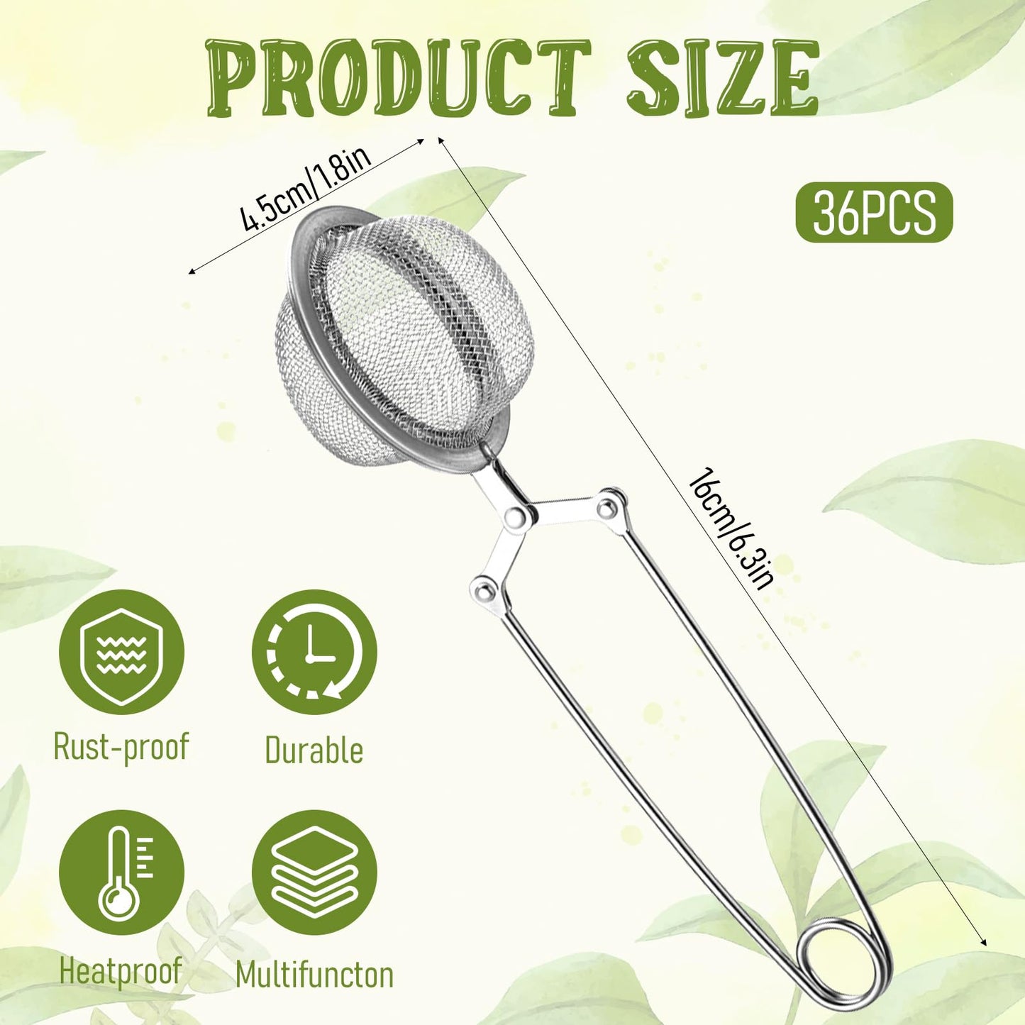 HANLANXUE 36 Pcs Loose Leaf Tea Infuser Stainless Steel Mesh Snap Tea Strainers Tea Infuser with Handle Fine Mesh Tea Ball Filter Tea Diffusers Steeper for Loose Leaf Tea, Seasonings