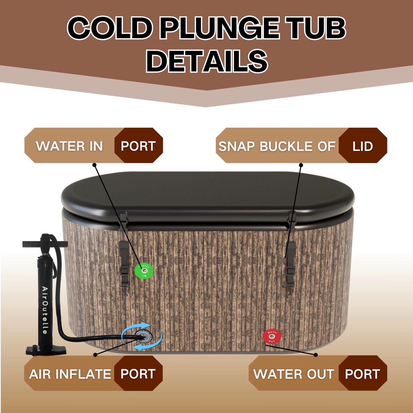 Cold Plunge Tub, Inflatable Ice Bath Tub, 216 - Gallon Large Bath Tubs for Cold Plunge, Durable, Portable & Compatible with Water Chiller for Recovery, Gyms and Cold - Water Training (Brown)