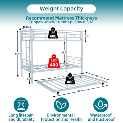 KEIKI Twin Size Triple Bunk Bed w/Trundle,Heavy Duty Metal Convertible Platform Bed Frame with Ladder & Full-Length Guardrail, for Teens, Adults, Noise Reduced, No Box Spring Needed,White