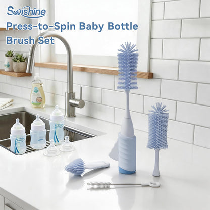 Swishine Baby Bottle Brush Set, Innovative Efficient Press-to-Spin Brush Cleaner - Includes Silicone Bottle Brush, Nipple Brush, Straw Cleaner - Spinning Generates Rich Foam for Deep Cleaning, Blue
