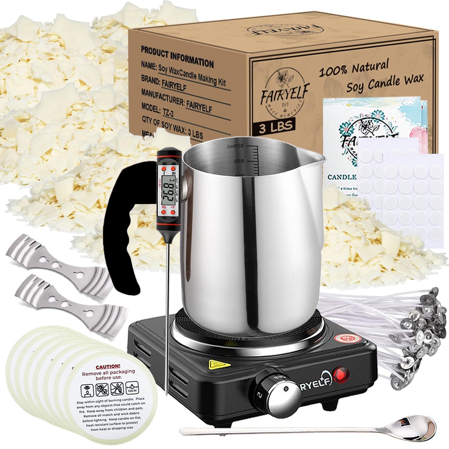 Soy Wax Candle Making Kit Supplies With Wax Melter, Natural Candle Wax for Candle Making - DIY Candles Making Supplies, Including 3lbs Soy Wax Flakes, Melting Pot, Electric Stove, Candle Wick