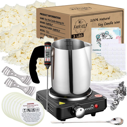 Soy Wax Candle Making Kit Supplies With Wax Melter, Natural Candle Wax for Candle Making - DIY Candles Making Supplies, Including 3lbs Soy Wax Flakes, Melting Pot, Electric Stove, Candle Wick