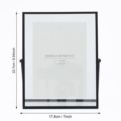 MIMOSA MOMENTS 5x7 Black Metal Floating Picture Frame, Double Glass Tabletop Display, Modern Minimalist Photo Frame for Home & Office Decor
