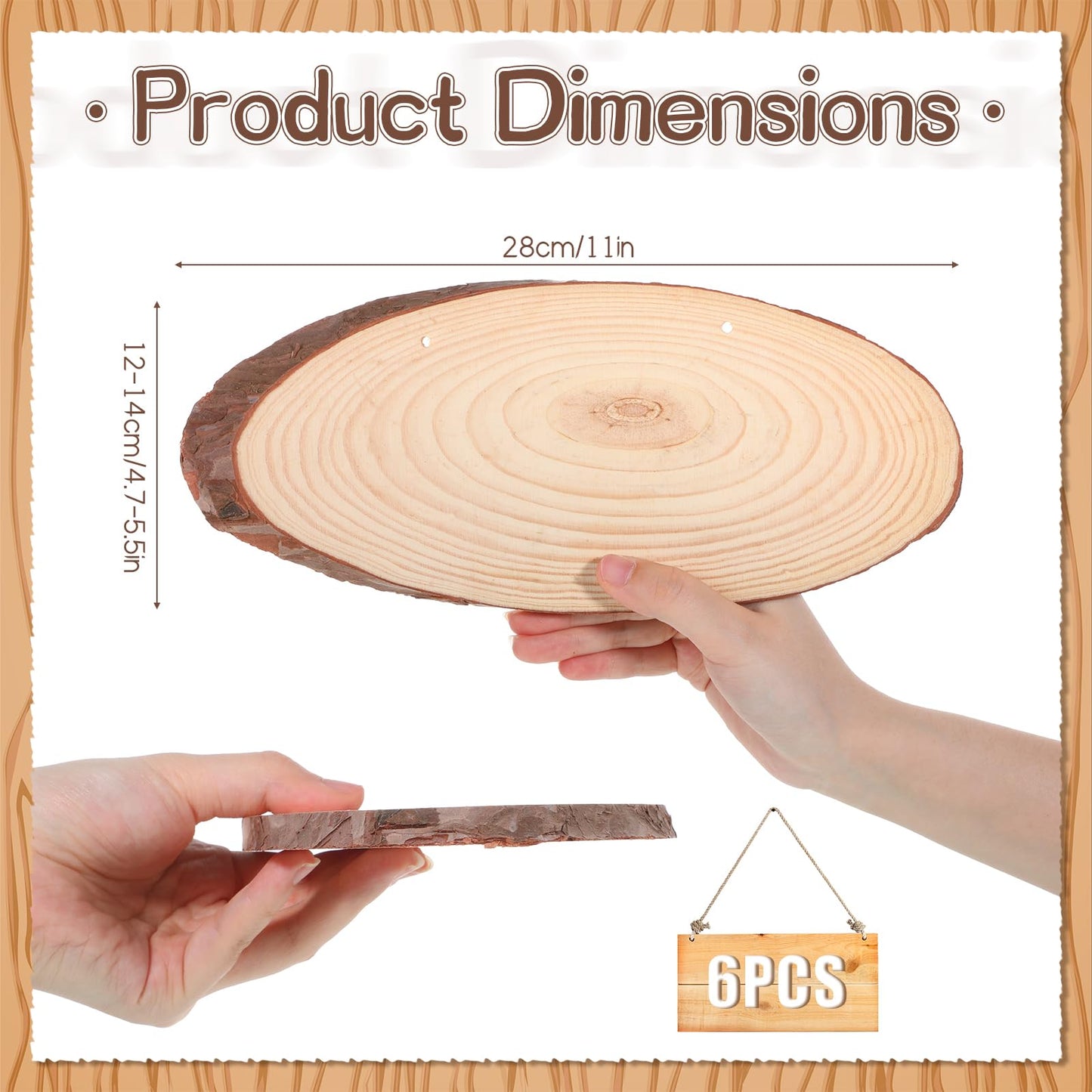 6 Pack 11 Inch Oval Wood Slice Basswood Plaque Hanging Signs with Jute, Unfinished Craft Wooden Slices Hanging Signs with Bark and Small Eye Ring for Burning Painting Crafts DIY, Painting, Ornament