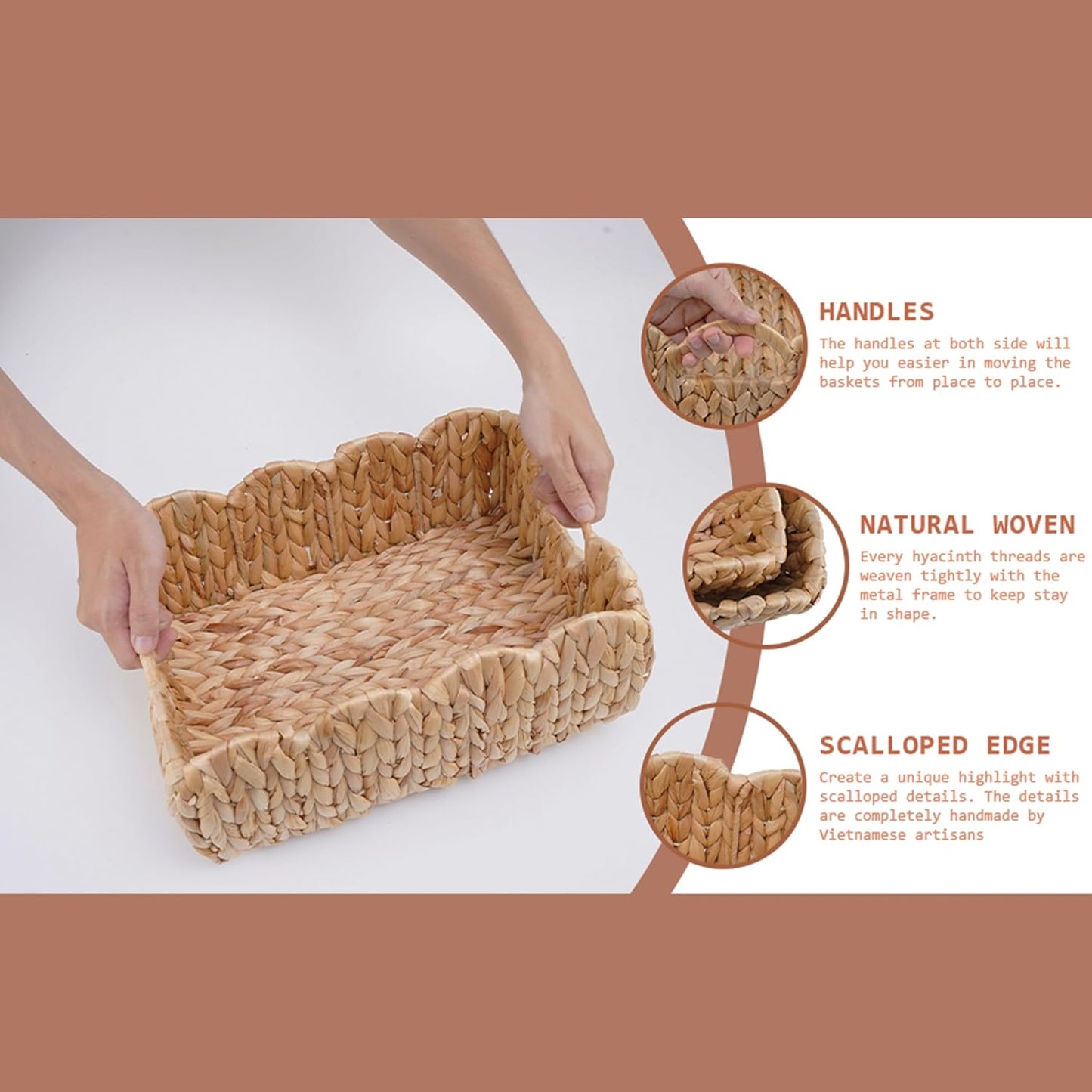 Set 2 LUSYDECO of Scalloped Edge Wicker Storage Basket with Built-in Handles, Rectangle Water Hyacinth Basket