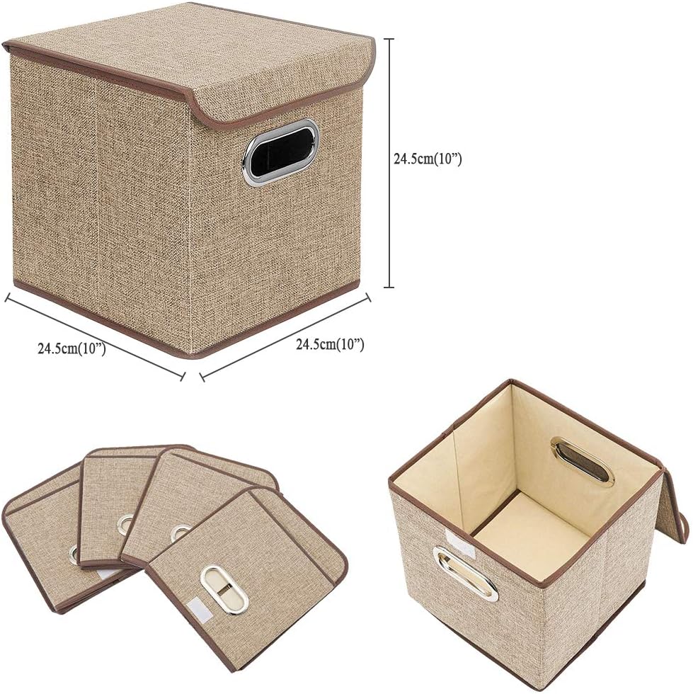 Storage Bin Set of 4, Linen Fabric Foldable Container with Lid, Collapsible Organizer Boxes – 10 x 10 x 10 Inches