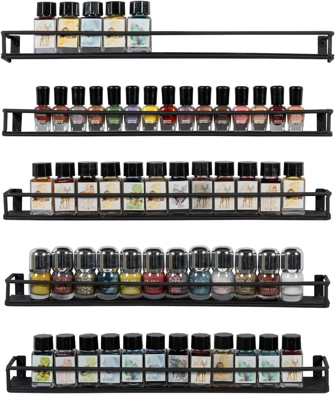 16 Inch Set 5 MyGift Wall Mounted Black Metal Nail Polish and Essential Oil Display Shelves, Kitchen Hanging Racks