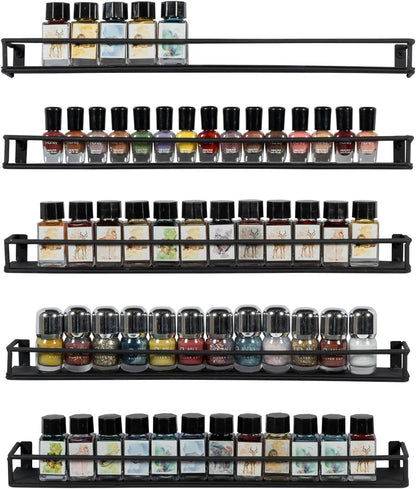 16 Inch Set 5 MyGift Wall Mounted Black Metal Nail Polish and Essential Oil Display Shelves, Kitchen Hanging Racks