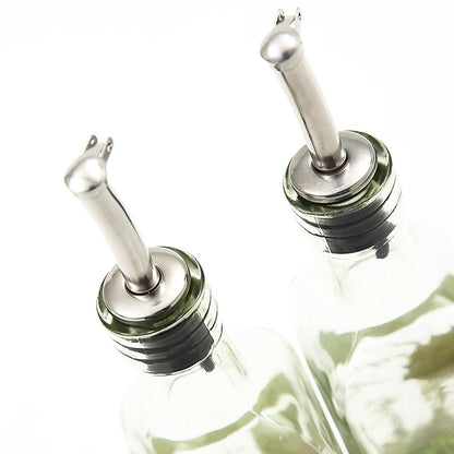 CEDAR HOME Olive Oil Bottle Set Glass Dispenser Vinegar Cruet 17oz. with Stainless Steel Leak Proof Pourer Spout for Cooking or Salad Dressing, 2 Pack, Green