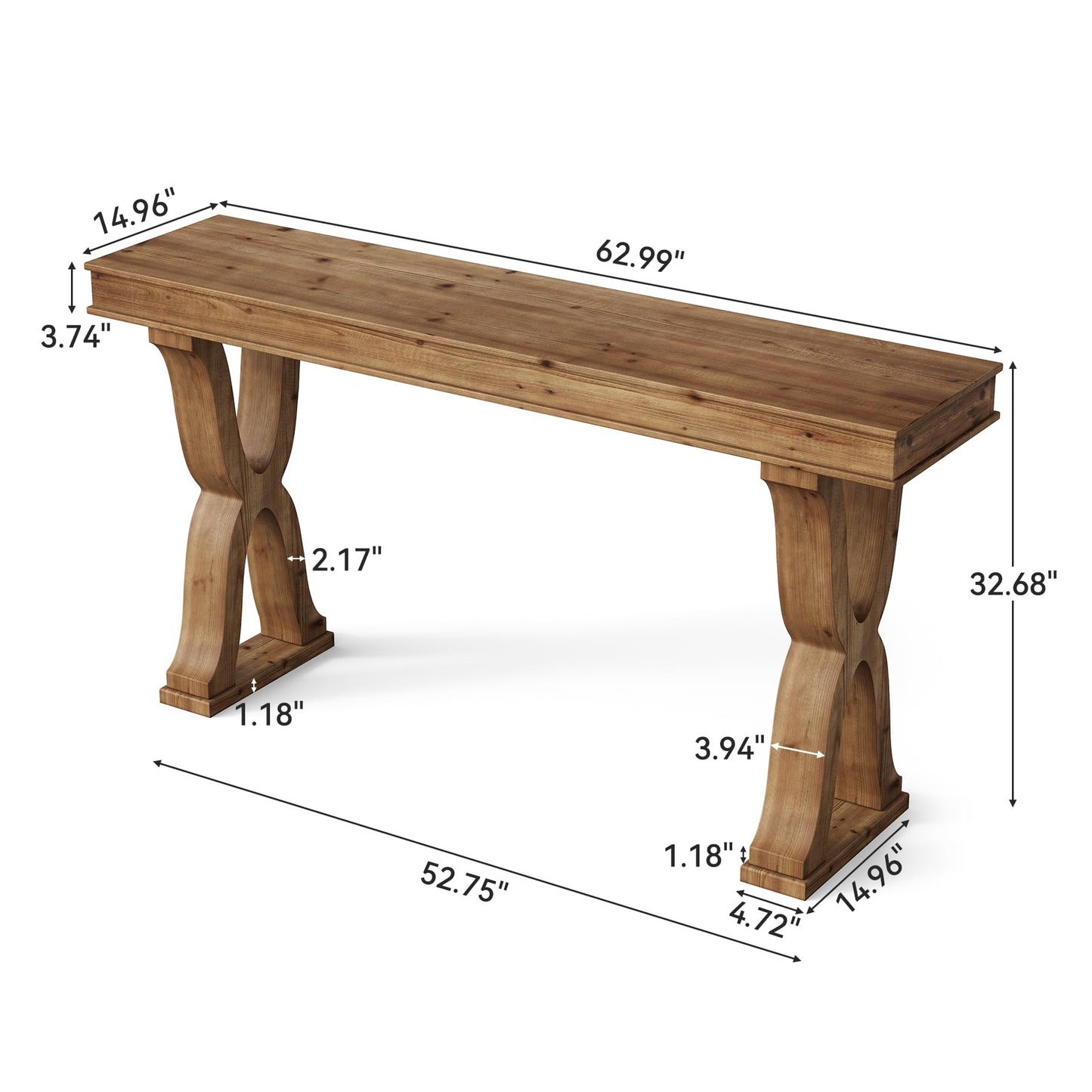 TRIBEWOOD 63-Inch Solid Wood Console Table, Farmhouse Entryway Table with X-Shaped Legs, Long Sofa Table for Living Room, Hallway, or Foyer, Easy Assembly, Anti-tip Kits