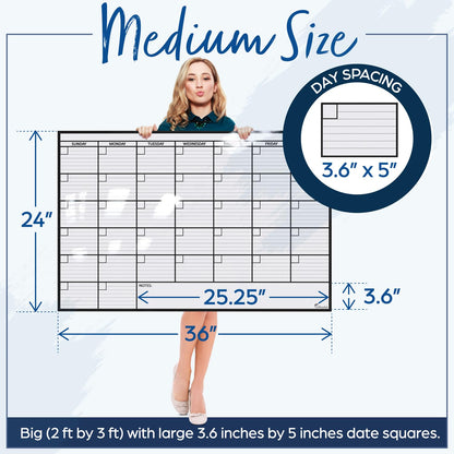 Large Dry Erase Calendar for Wall, 24x36, Large Wall Calendar Dry Erase, Big White Board for Office, Home & School, Giant Erasable Whiteboard, Jumbo Monthly Undated Reusable White Board Planner