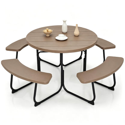Tangkula 8 Person Picnic Table, Outdoor Round Picnic Table with 4 Built-in Benches, Umbrella Hole, Metal Frame & HDPE Tabletop, Outside Table and Bench Set for Backyard, 2300lbs Weight Capacity