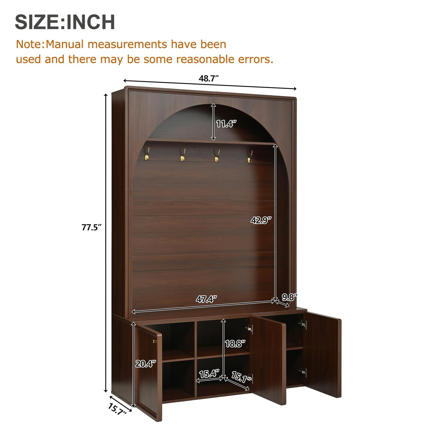 roomfitters Modern Arched Entryway Hall Tree with 3 Storage Cabinets, Upper Shelf and Coat Hooks for Mudroom, Walnut