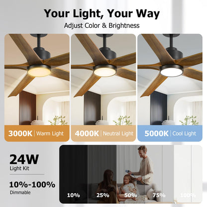 60 Inch Ceiling Fan with Lights, Outdoor Wood Silent Ceiling Fans, Modern High CFM Farmhouse Ceiling Fans, Quiet Reversible DC Motor, 5 Blades 6 Speed for Bedroom Living Room Exterior Patios