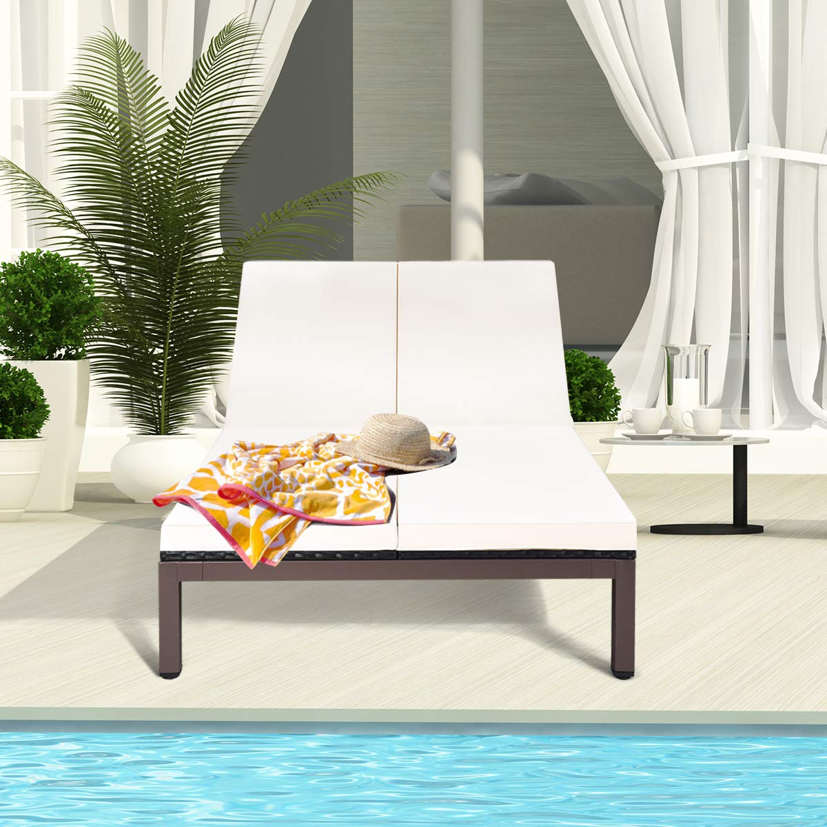 Tangkula 2-Person Patio Lounge Chair, Outdoor Rattan Double Wicker Daybed Chaise with Adjustable Backrest Wheels & Cushion, Loveseat Sofa for Garden Lawn Backyard (Cream)
