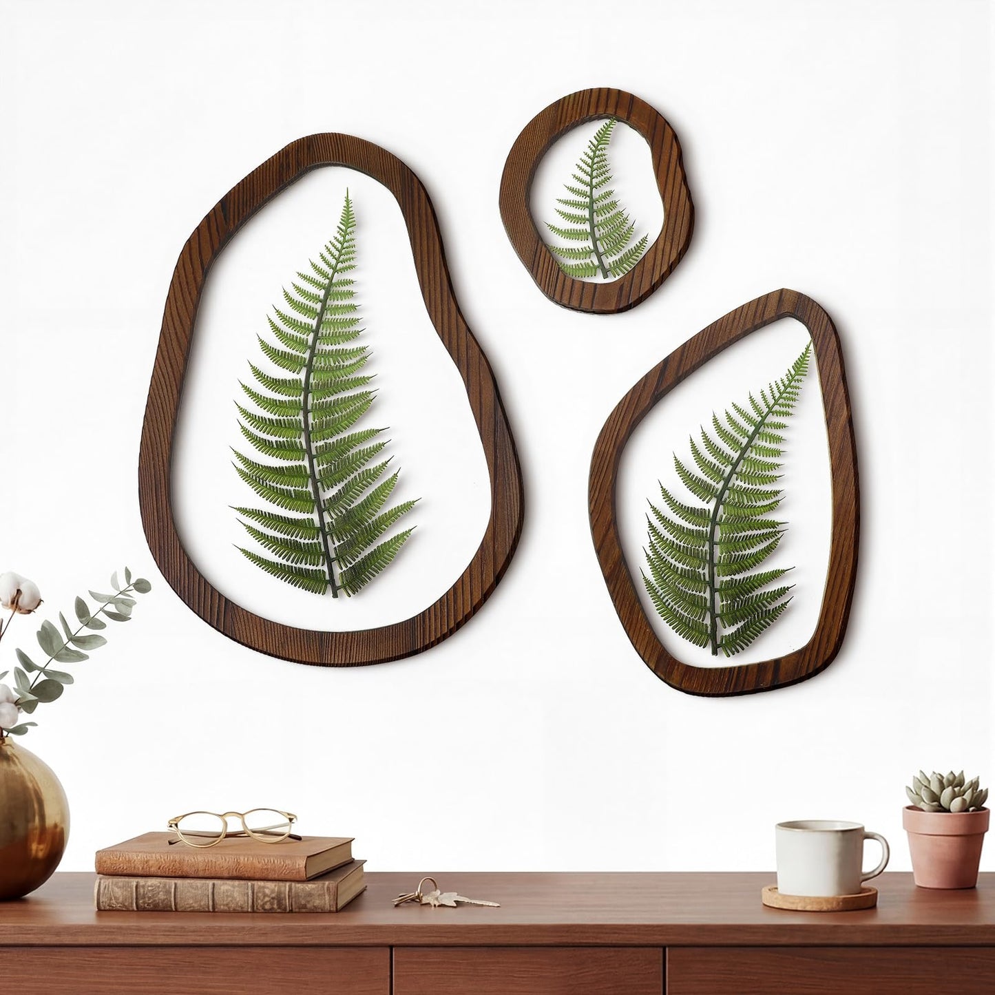 Lineshading Pressed Fern Wall Decor Set of 3, Irregular Wooden Frame with Preserved Ferns Double Glass, Rustic Botanical Wall Art for Bedroom Living Room Office, Housewarming Gift