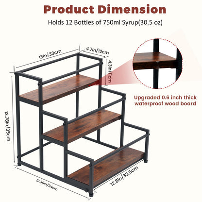 HRUSGO Coffee Syrup Rack Organizer - Metal Bottle Holder for 12 Bottles – Rustic Countertop Display Shelf for Coffee Bar, Kitchen Cabinet, Pantry Storage for Syrups, Liquor, Spice, Tea & Wine (3-Tier)