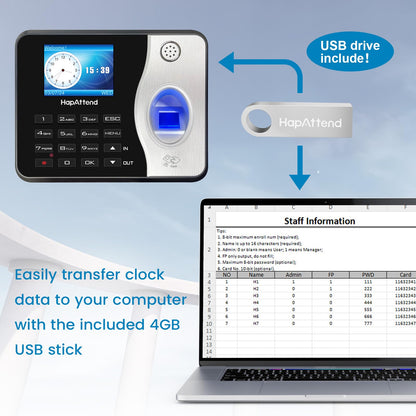 HapAttend Time Clock Bundle with 15 RFID Cards, 0 Monthly Fees Standalone Biometric Time Attendance Punch Machine with Fingerprint, RFID and PIN