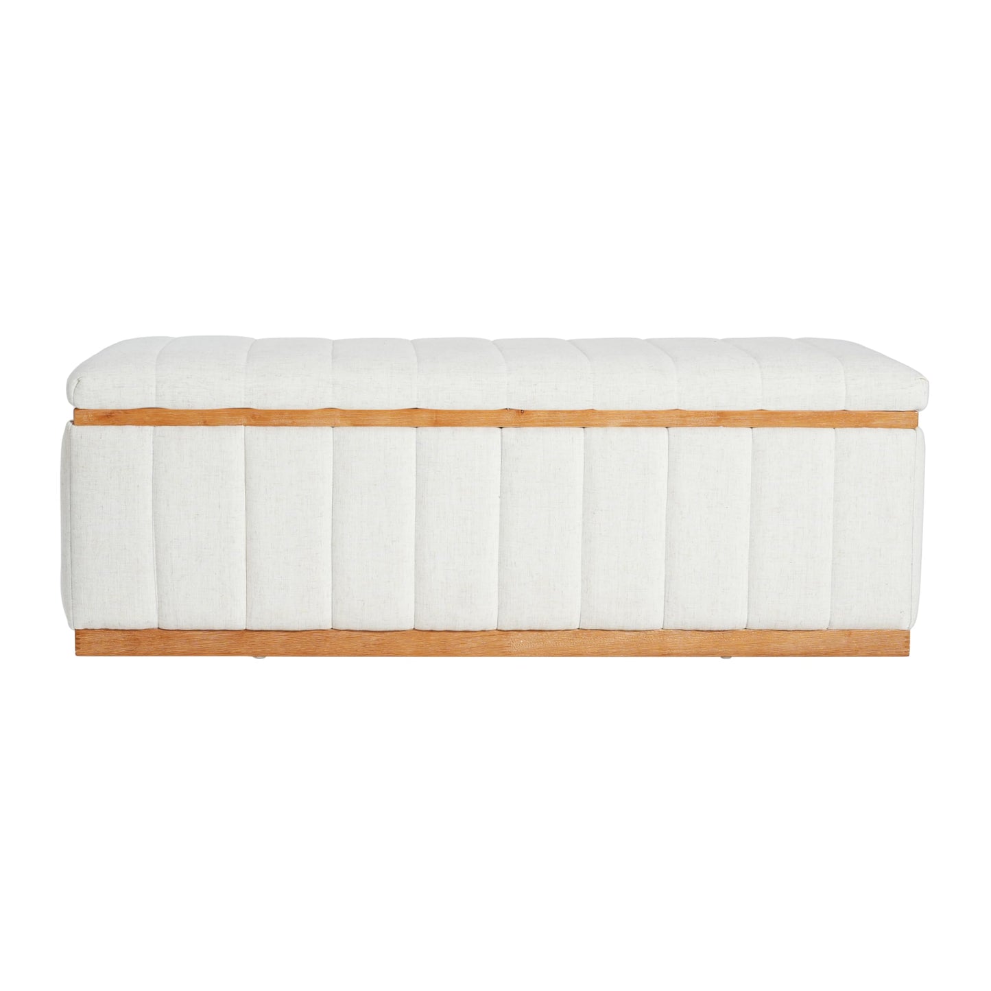 Christopher Knight Home Kira Living Room Ottoman with Storage, Linen Upholstered Storage Ottoman Bench with Channel-Tufted Design, Wood Frame Sofa Foot Stool, Bedroom End of Bed Bench, Beige