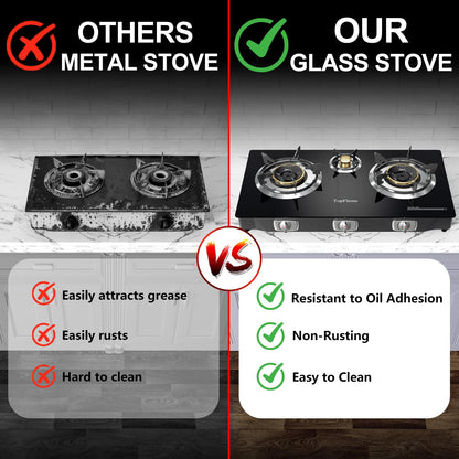 TopFleme 3 Burner Propane Stove 32,300 BTU High-Efficiency Tempered Glass Auto-Ignition Gas Burner Stove Top with CSA Hose for Outdoor RV Camping Emergency Cooking