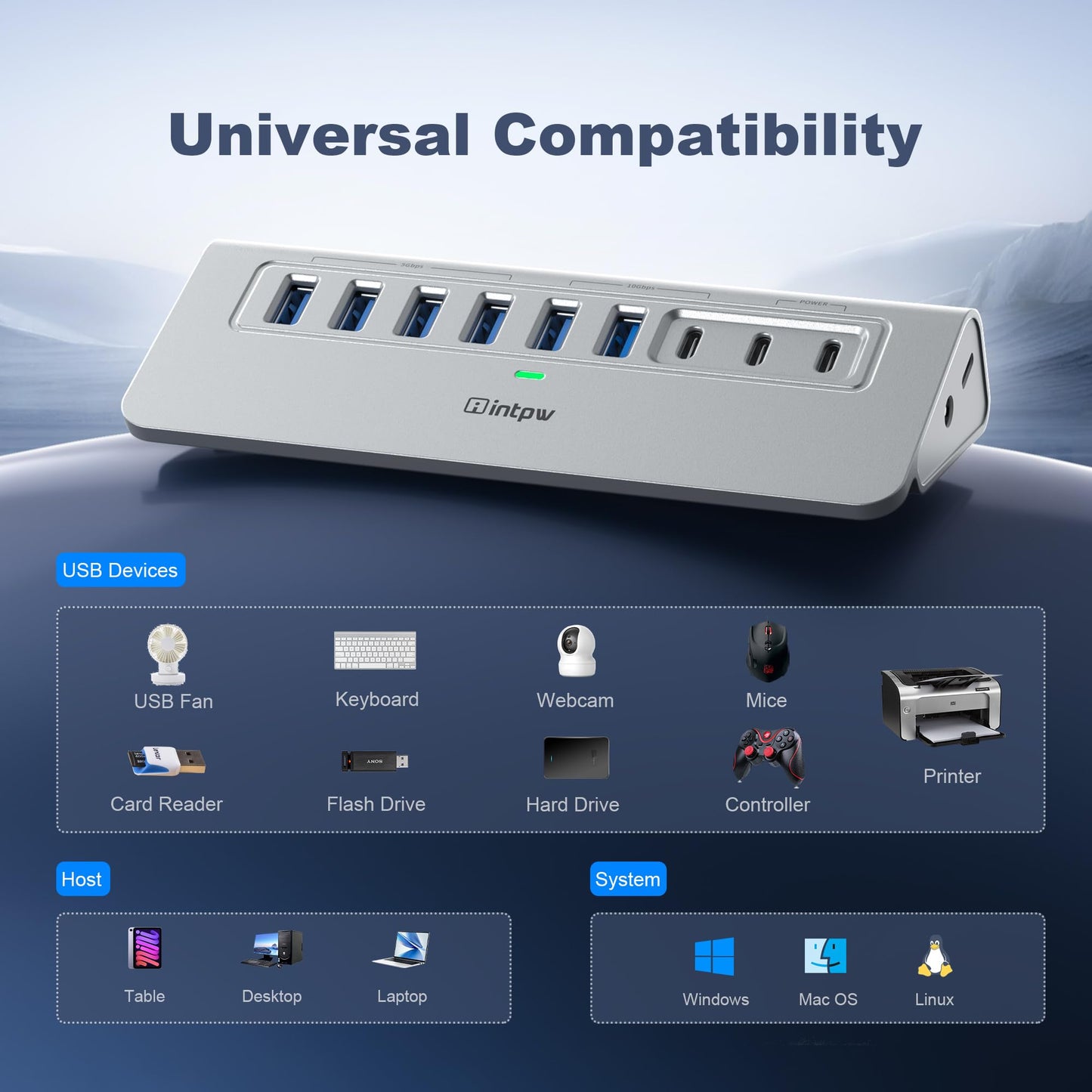 Powered USB Hub 10Gbps, intpw 9-Port USB 3.2 Hub, USB C Hub with USB A/USB C 3.2, 4 USB 3.0, 2 PD 45W Charging Ports, 65W Power Adapter and 3.3FT Cable, Aluminum USB Hub for Laptop, iPhone 16/15, PC