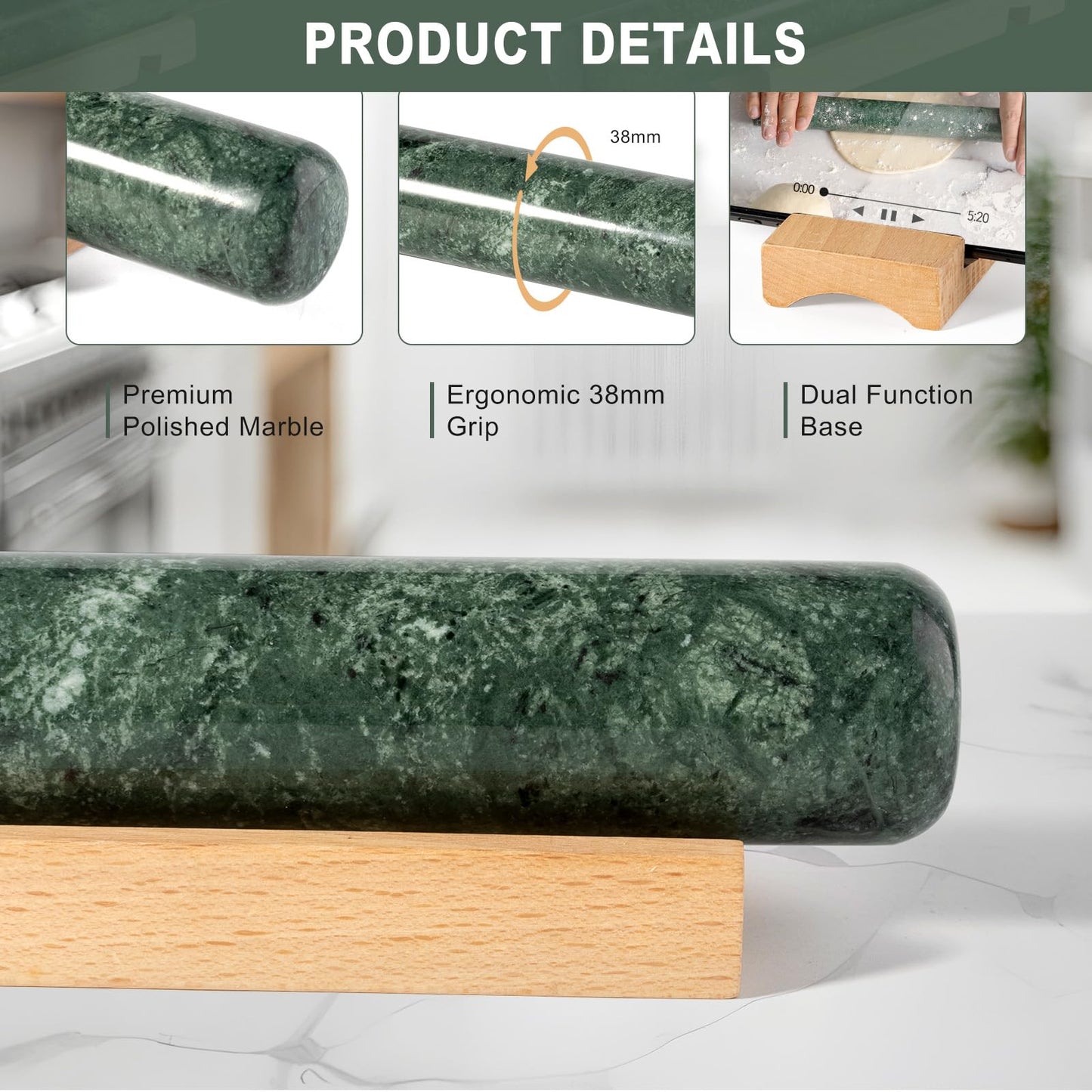 Erongoo Marble French Rolling Pin for Baking, 12 Inch Non Stick Polished Rolling Pin for Dough, Heavy Dough Roller for Fondant Pizza Pie Crust Cookie Pastry Bread, Kitchen Baking (Indian Green)