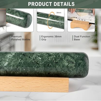 Erongoo Marble French Rolling Pin for Baking, 12 Inch Non Stick Polished Rolling Pin for Dough, Heavy Dough Roller for Fondant Pizza Pie Crust Cookie Pastry Bread, Kitchen Baking (Indian Green)