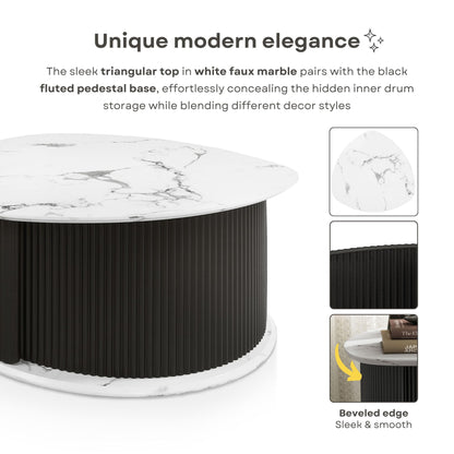HOMES: Inside + Out Elara Modern 29-inch Triangle Coffee Table with Marble Tabletop, Fluted Iron Pedestal Base and Hidden Storage for Small Space, Living Room, Home Office, Black
