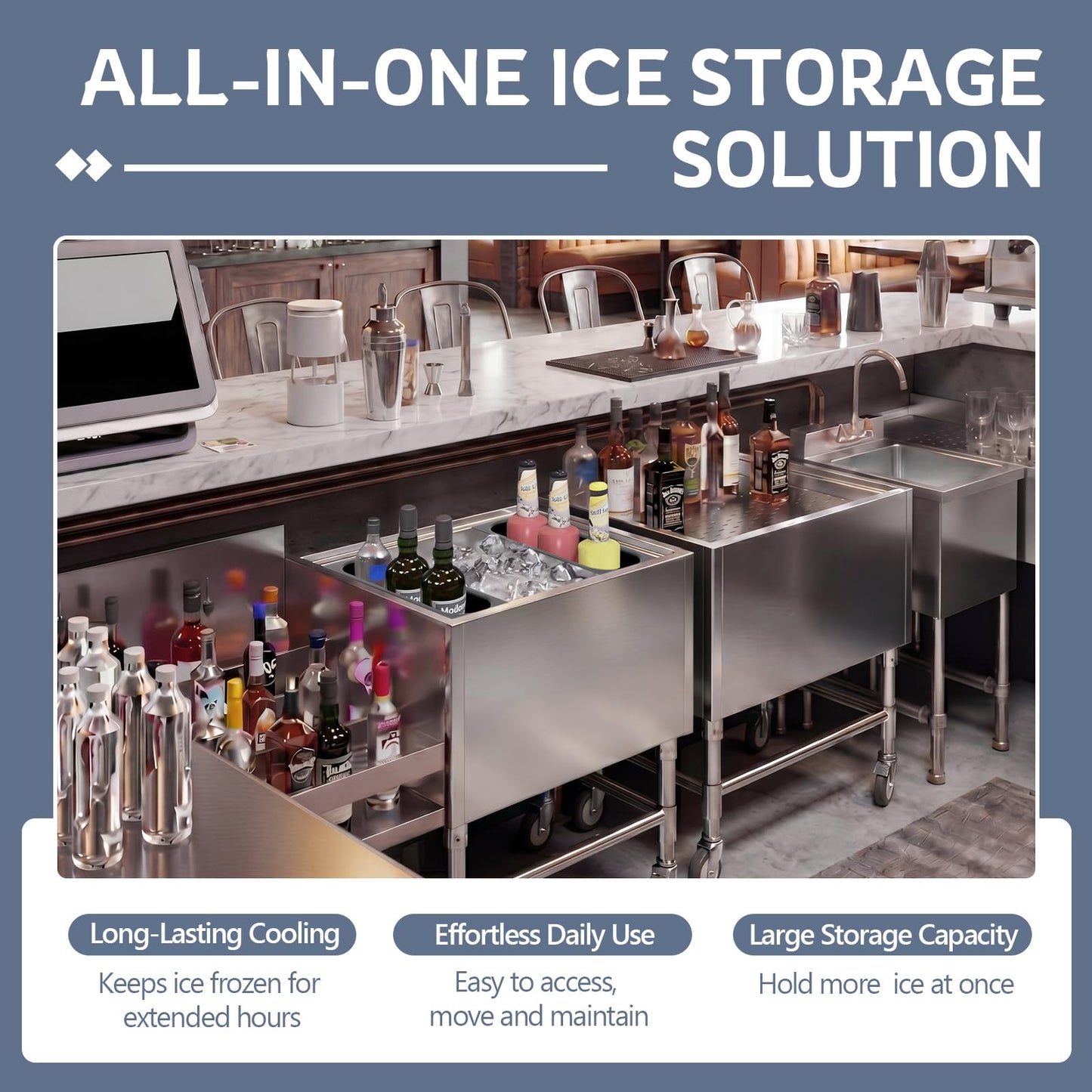 BreezeHug 18.5 x 24 x 30 Inches Commercial Ice Bin with Wheels, Underbar Stainless Steel Ice Chest with Sliding Lid, Cooler Cart Cocktail Unit for Bar Restaurant Pub and Hotels