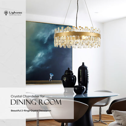 lighceac 21.7" Gold Modern Crystal Chandelier Light Fixtures Luxury 2 Rings Crystal Chandeliers for Dining Room 12-Light Round Hanging Pendant Lighting for Living Room Kitchen Island Entryway Bedroom