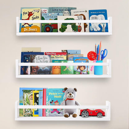 24 Inch Set 3, AZSKY Nursery Bookshelves White, Floating Bookshelves for Wall of Baby Kids Room Decor, Solid Wood Wall